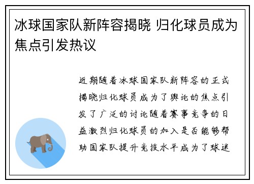 冰球国家队新阵容揭晓 归化球员成为焦点引发热议